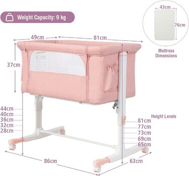 Дитяче ліжечко LIFEZEAL, мобільне дитяче ліжечко 3 в 1 з функцією гальма, регульоване по висоті дорожнє ліжечко для дітей від народження до 9 кг, дитяче ліжечко зі складною бічною панеллю та регулюванням нахилу спинки (рожеве)