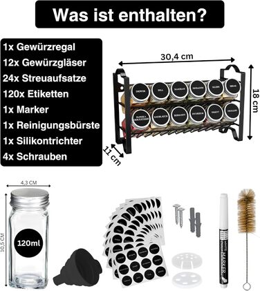 Підставка для спецій Deco haus, настінна та настінна З БАНКАМИ ДЛЯ СПЕЦІЙ ТА ЕТИКЕТКАМИ - Органайзер для спецій - Підставка для спецій, Підвісна система зберігання спецій, Банки для спецій з полицею, Чорний - Набір з 12 предметів