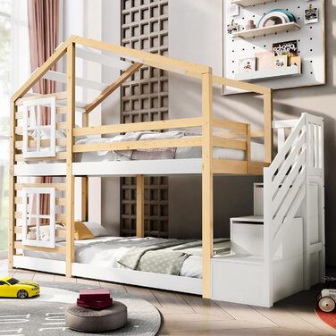 Дитяче ліжко Kehun Двоярусне ліжко 90 x 200, Ліжко-будиночок для 2 дітей, Ліжко-горище з дерев&39яною рейковою основою, Дерев&39яне ліжко з шухлядою та вікном, Ліжко-будиночок на дереві із захистом від падіння та сходами, Натуральний та білий, Без матраца