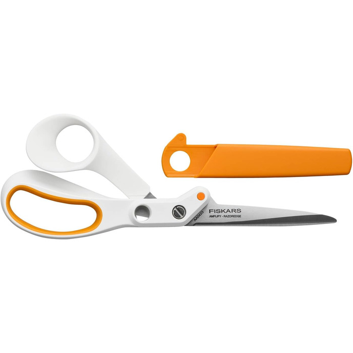 Універсальні ножиці Fiskars Razor Edge, довжина 21 см, лезо з нержавіючої сталі/пластикові ручки, білий/помаранчевий, підсилювач, 1005223 (кравецькі ножиці 21 см)