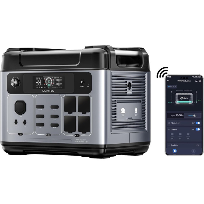 Портативна зарядна станція OUKITEL P2001 Plus 2048 Втгод, сонячний генератор з акумулятором LiFePO4, 4 x 2400 Вт (пік 4800 Вт) змінного струму, швидка зарядка 0-100 за 1 годину, зарядна станція для дому, подорожей, кемпінгу P2001 PLUS 2400 Вт
