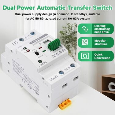 Автоматичний перемикач DEWIN, перемикач на DIN-рейку, подвійний автоматичний перемикач живлення ATS, електричний перемикач 2P 63A 220V