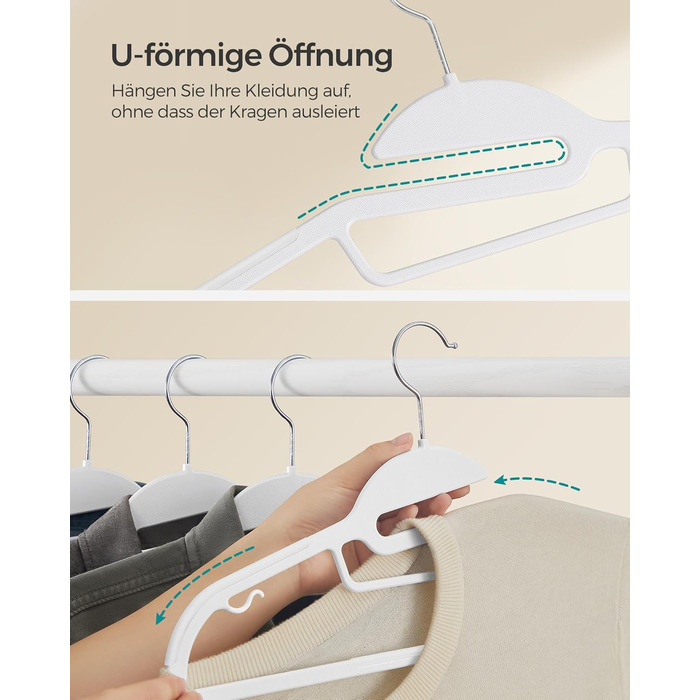 Набір з 50 пластикових вішалок для одягу, U-подібний отвір, компактні, товщина 0,5 см, ширина 41,5 см, гачок, що обертається на 360, білий, CRP041W05 Білий 50 шт.