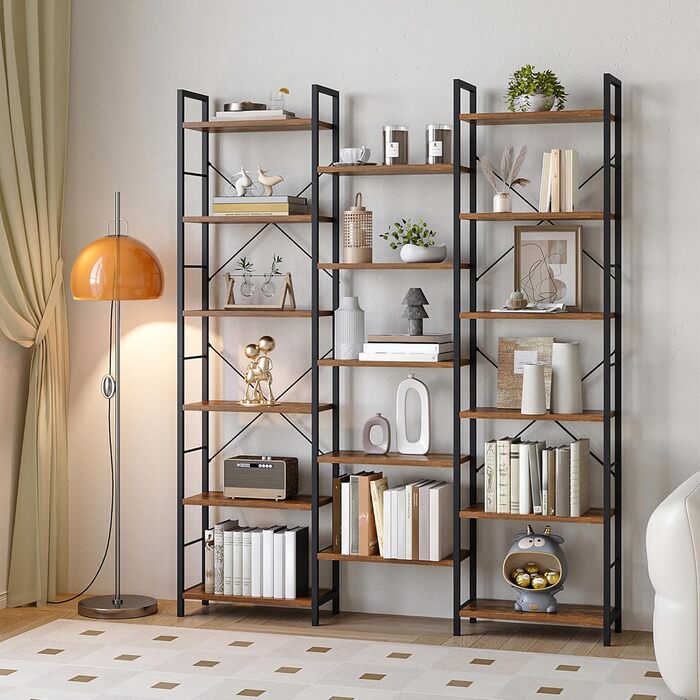 Книжкові полиці Hzuaneri, окремостоячий стелаж, полиця з 17 полицями, 6 ярусів, регульована відстань, 24 x 152 x 186 см, вантажопідйомність 340 кг, вітальня, офіс, вінтажний коричнево-чорний BC10101B