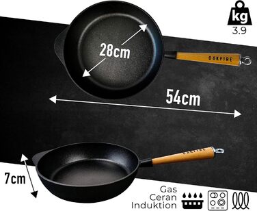 Чавунна сковорода Oakfire 28 см з кришкою - Чавунна сковорода для індукції - Міцна чавунна сковорода - Чавунна сковорода для гриля
