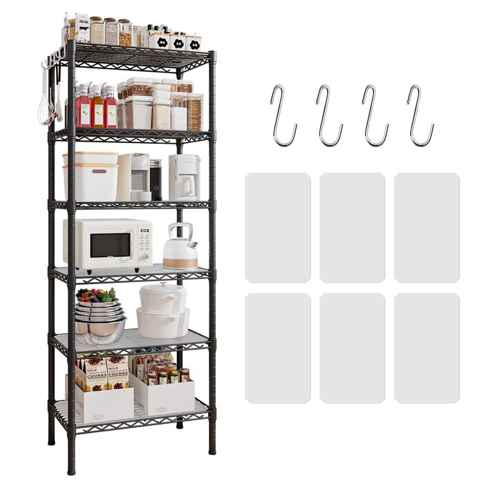 Полиця для зберігання, металева полиця - з 6 полицями, окремостояча кухонна полиця з регульованими по висоті полицями та ніжками (35,5 Г x 60 Ш x 180 В см)