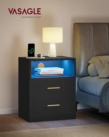 Колекція Custos - Тумбочка із зарядною станцією, комплект із 2 шт. , світлодіодне підсвічування, бічний столик, сучасний, з шухлядами, 2 розетками змінного струму та USB-портами, чорний колір LET829BC01 чорний колір 2 комплекти