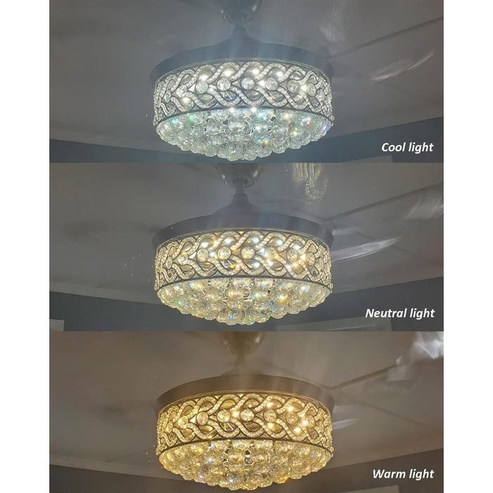 Тихий вентилятор лампа кришталевий стельовий вентилятор зі світлом 3 швидкості 3 кольори з пультом дистанційного керування вентиля