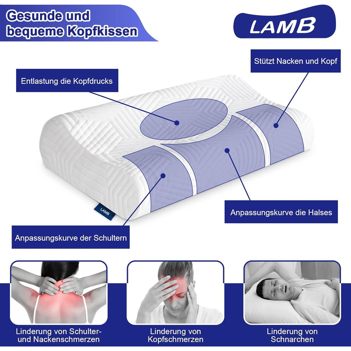 Подушка для шиї LAMB Pillow, ергономічна подушка для підтримки шиї з регульованою висотою з піни з ефектом пам&39яті з наволочкою, яку можна прати, 50x35 см, біла 1