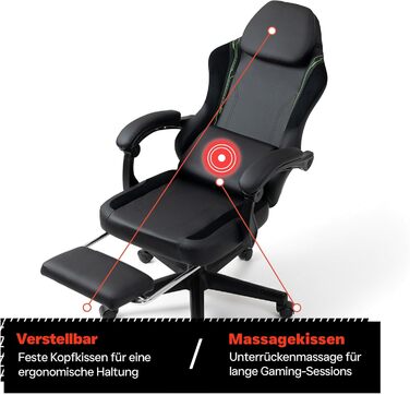 Чорно-зелене ігрове крісло - з підставкою для ніг - ергономічне - з регульованою висотою