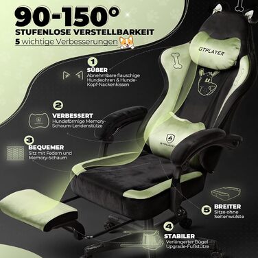 Миле ігрове крісло з оксамитовою тканиною, ергономічне офісне крісло, ігрове крісло з котячими вушками, піною з ефектом пам&39яті та підставкою для ніг, 150 кг, зелена тканина