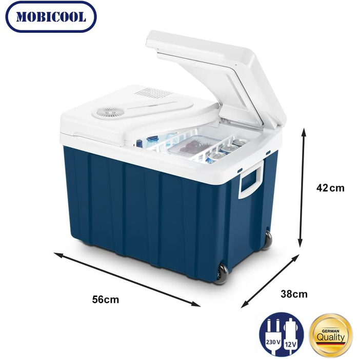 Холодильник Mobicool MQ40W з колесами Електричний 39 л 12 В, 230 В для автомобіля, човна, автофургона та розетки Mq40w синього кольору
