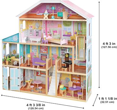 Дерев&39яний ляльковий будиночок KidKraft Grand View Mansion Великий XXL будинок, 4 поверхи, 34 аксесуари, меблі та ліфт у комплекті Рольова гра Загальні розміри 130,5 x 33 x 129,5 см Синього кольору