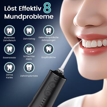 Іригатор порожнини рота Акумуляторний електричний очищувач зубів, Vimmk Dental Irrigator Water Flosser 5 режимів і 8 насадок Акумуляторна нитка для води USB-C IPX7 водонепроникний, резервуар для води 300 мл Очищувач порожнини рота (чорний)