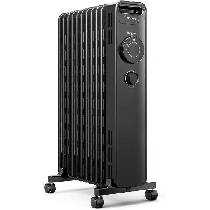 Масляний радіатор PELONIS потужністю 2300 Вт з J-подібними ребрами, масляний нагрівальний елемент з 3 режимами нагріву та термостатом, тихий електричний обігрівач із захистом від перекидання, енергоефективний клас А для спальні, вітальні, офісу, 11 ребер,