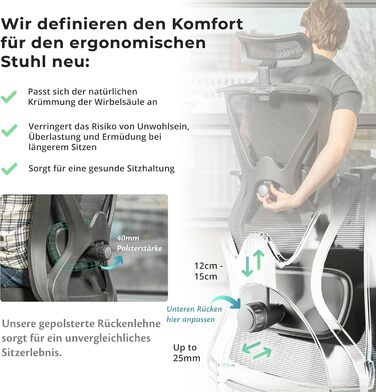 Ергономічне офісне крісло - Офісні крісла 150 кг, сертифіковані TV та NEN 1335 - Офісний стілець - Крісло - Ергономічне офісне крісло - Комп&39ютерне крісло з регульованою висотою та зручне для спини - Чорне