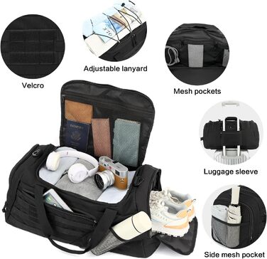 Тактична дорожня сумка-рюкзак 45 л для чоловіків та жінок, спортивна сумка 3-в-1 з відділенням для взуття, відділенням для вологи, багатофункціональна сумка для вихідних для спортзалу, подорожей, кемпінгу, походів, чорного кольору