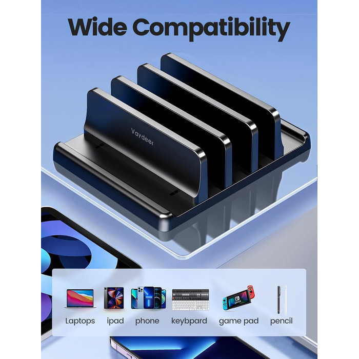 Вертикальна підставка для ноутбука - компактна та регульована, 5-в-1, з 3 слотами для MacBook, ноутбуків, iPad та ноутбуків до 17,3 дюймів - Чорна. Чорний / Schwarz