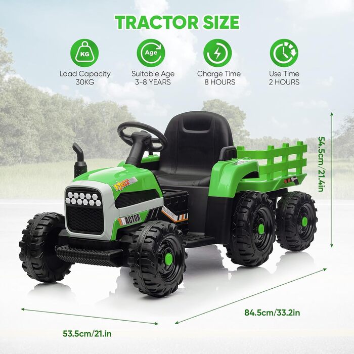 Дитячий електричний трактор, 12В 3-швидкісний трактор зі знімним причепом та пультом дистанційного керування 2.4G, дитячий електро