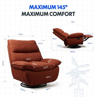 Крісло з ручним керуванням, Крісло-ліжко, Обертове крісло з функцією гойдання, Крісло-гойдалка для вітальні, Крісло для телевізора з регульованою спинкою, Реклайнер (Помаранчево-коричневий) Помаранчево-коричневий XC6 Lotus Manual, 6