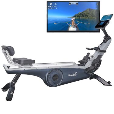 Домашній гребний тренажер Skandika Freki, 24 рівні опору, 19 програм тренувань, маховик 12 кг, магнітний опір, студійна якість, РК-дисплей, Kinomap, окремостоячий, низьке обслуговування, до 135 кг, синій/сірий плюс