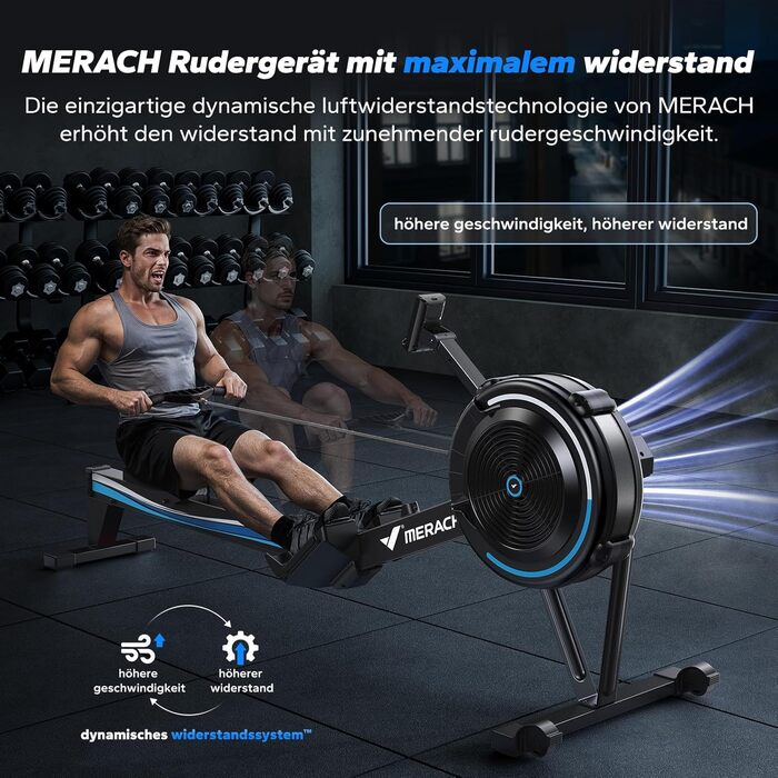 Повітряний гребний тренажер MERACH для домашнього використання, 10 регульованих рівнів з ексклюзивним додатком, професійний гребний тренажер для приміщень, ергономічне комфортне сидіння, легке зберігання