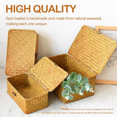 Кошики для зберігання речей, комплект кошиків з ротанга з 3 предметів з кришками, плетені кошики для подарунків, багатофункціональні кошики з морської трави, органайзери для косметики для ванної кімнати, вітальні, кухні