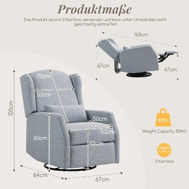 Крісло-гойдалка з функцією відкидання спинки, крісло для телевізора з поворотом на 360 для вітальні, крісло-гойдалка з м&39якою поперековою опорою, крісло для телевізора з функцією гойдання, ручне регулювання (сіре)