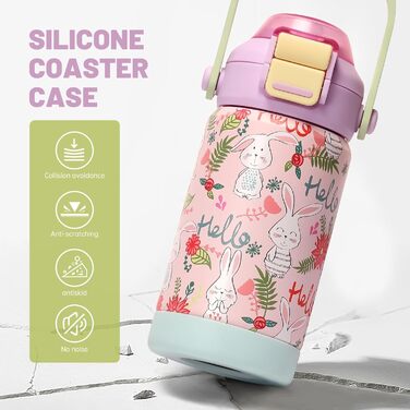Дитяча ізольована пляшка для води з кришкою-трубочкою, 350 мл, вакуумний стаканчик з подвійною стінкою без бісфенолу А, 18/8 нержавіюча сталь, герметичний, дитячий, з трубочкою для школи, подорожей, хлопчиків, дівчаток (кролик)