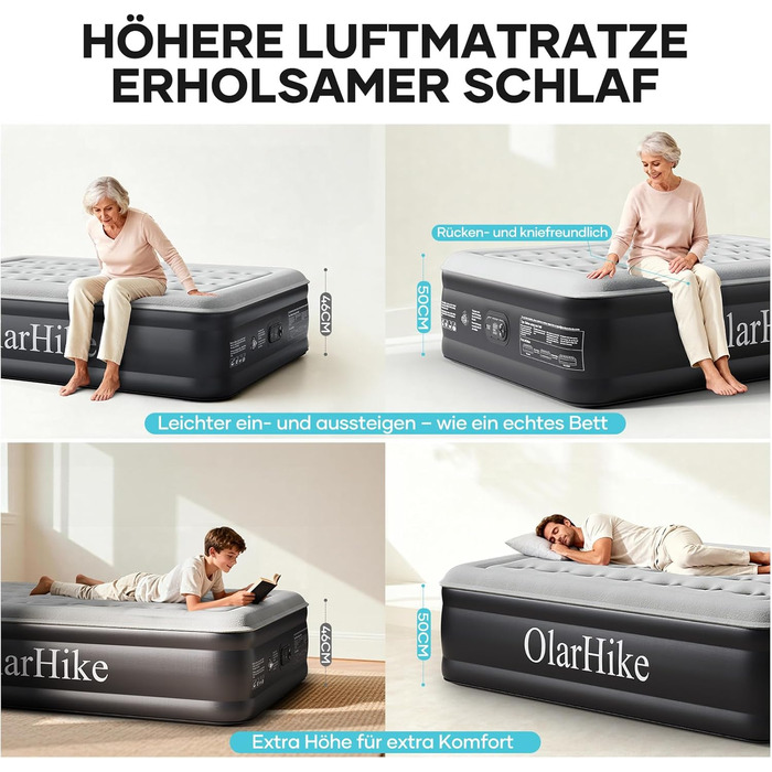 Самонадувальний надувний матрац OlarHike, гостьове ліжко, надувний матрац, намет-диван, двомісний надувний матрац, самонадувальний надувний матрац для кемпінгу або домашнього використання - 200 x 140 x 50 см комфортна висота 50 см чорний, компактний, 2 ос