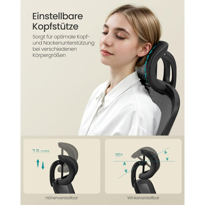 Ергономічне офісне крісло SONGMICS, обертове крісло з сіткою, поперековим відділом хребта та підголівником, функція гойдання, розмір сидіння 53 см, складні підлокітники, для роботи та спальні, для студентів, чорний колір OBN047B01 чорний колір з підголівн