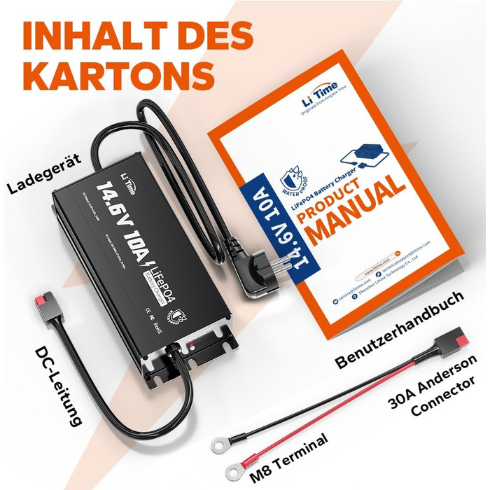 Зарядний пристрій LiTime 14.6V 10A LiFePO4, водонепроникний IP67, зарядний пристрій для літій-