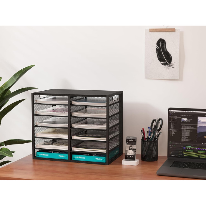 Органайзер для офісного столу EasyPAG з 12 кишеньками, металевий та дерев&39яний, формату А4, тримач для документів, лоток для файлів, тримач для журналів, лоток для листів, органайзер для паперових журналів, чорний, 12 кишень (6x2)