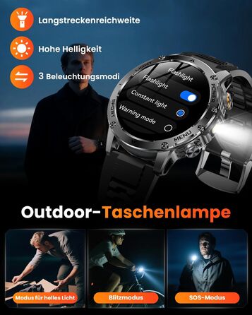 Чоловічий військовий смарт-годинник з акумулятором 1000 мАг, 1,7-дюймовий HD смарт-годинник/світлодіодний ліхтарик/водонепроникність IP68/пульсометр/SpO2/монітор сну/100 спортивних режимів, фітнес-годинник для iOS Android чорний