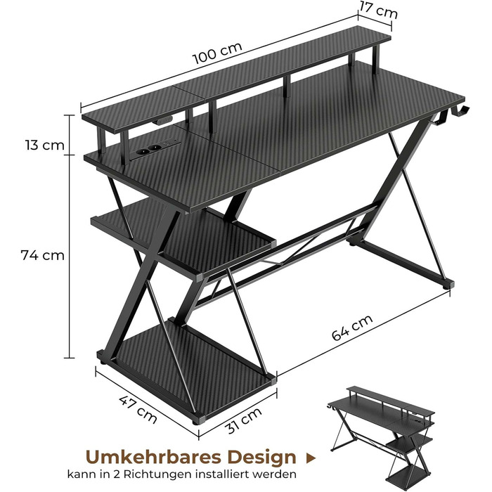 Ігровий стіл SEVEN WARRIOR зі світлодіодним освітленням та розетками, ігровий стіл з підставкою для монітора, комп&39ютерний стіл з 2 гачками, ідеально підходить для кабінету, спальні, вітальні, 100 x 47 x 87 см
