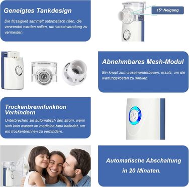 Інгалятор для дорослих Інгалятор для дітей Інгалятор для дітей Небулайзер з маскою для обличчя та мундштуком Функція автоматичного очищення при респіраторних захворюваннях Ефективний (синій)