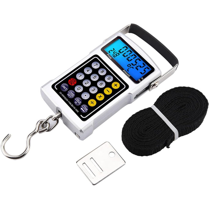 Електронні ваги для рибальських гачків, цифрові підвісні ваги, місткість 50 кг, з підсвічуванням РК-дисплея, 7-дюймовий багатофункціональний пристрій для риболовлі, подорожей, використання, включає температурний годинник, калькулятор, кран
