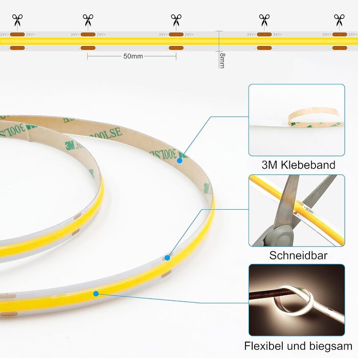 Світлодіодна стрічка AXMOTUT COB 24V 320LEDs/M Світлодіодна стрічка CRI90, світлодіодна стрічка з можливістю затемнення та блоком живлення, для декору домашньої вечірки, прикраси своїми руками (5M, холодний білий)