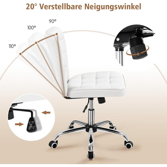 Офісне крісло Yaheetech, стілець для дому, обертове крісло, регульоване по висоті туалетне крісло, офісне крісло без підлокітників, м&39яке крісло з колесами, штучна шкіра білого кольору