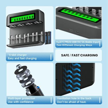 Акумуляторні батареї CITYORK C Cell 5000mAh з 8 слотами для зарядного пристрою Ni-MH акумуляторів AA AAA CD (зарядний пристрій та 6 батарейок Baby C)