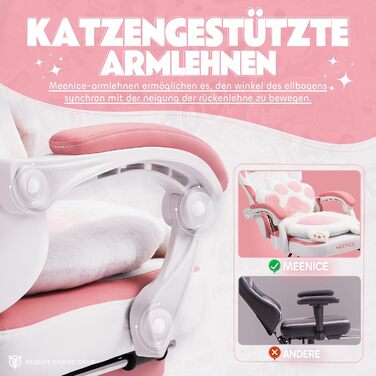 Рожеве миле ігрове крісло з котячою тканиною з поперековою подушкою у формі котячої лапи та котячими вушками, ігрове крісло з підставкою для ніг, ергономічне ПК-крісло для дітей, дорослих та дівчаток, вантажопідйомність 140 кг, рожеве, біле