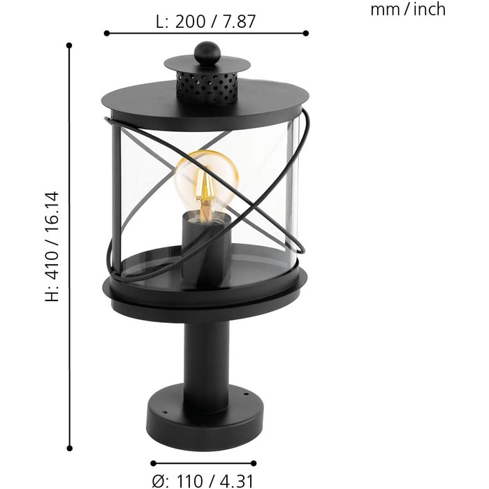 Зовнішній світильник на п'єдесталі EGLO Hilburn, 1 світильник на п'єдесталі, світильник на п'єдесталі з оцинкованої сталі та пластику, колір чорний, цоколь E27, IP44 смуговий/п'єдесталний світильник