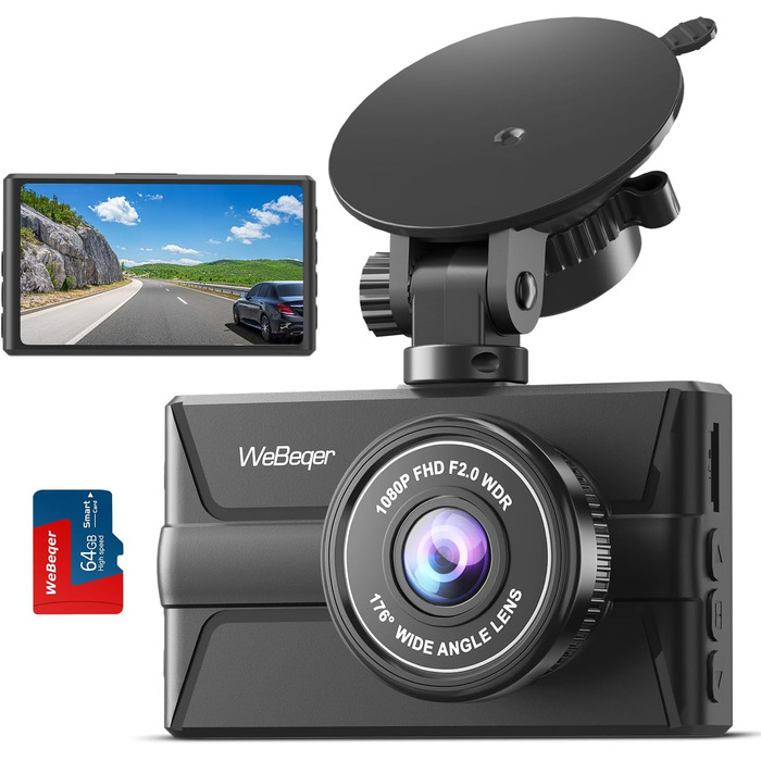 Автомобільна передня, 1080P FHD автомобільна камера, з 64G SD картою, 176 ширококутний відеореєстратор, ІЧ-камера нічного бачення,