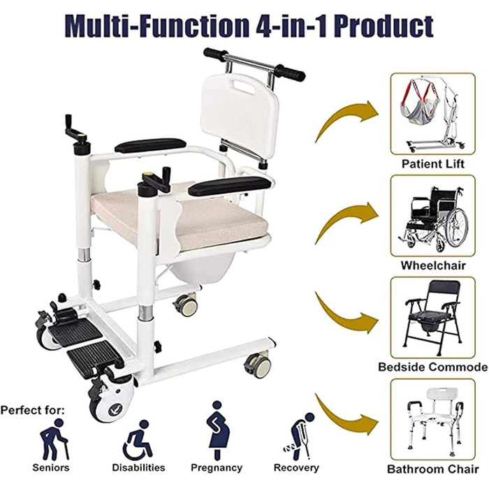 Крісло для перенесення підйому пацієнтів, регульована підйомна ванна Мобільна інвалідна коляска Commode з сидінням для унітазу, крісло для душу з підйомником для перенесення пацієнтів з туалетом для інвалідів