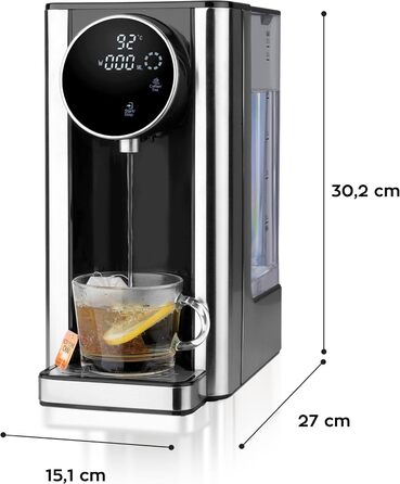 Диспенсер для гарячої води HEINRICHS - гаряча вода одним натисканням кнопки від 40 до 100 C, обсяг води 100 мл-400 мл на вибір, підходить для дитячого харчування, в т.ч. функція очищення фільтр, сенсорний дисплей, 2.7 л Heinrich