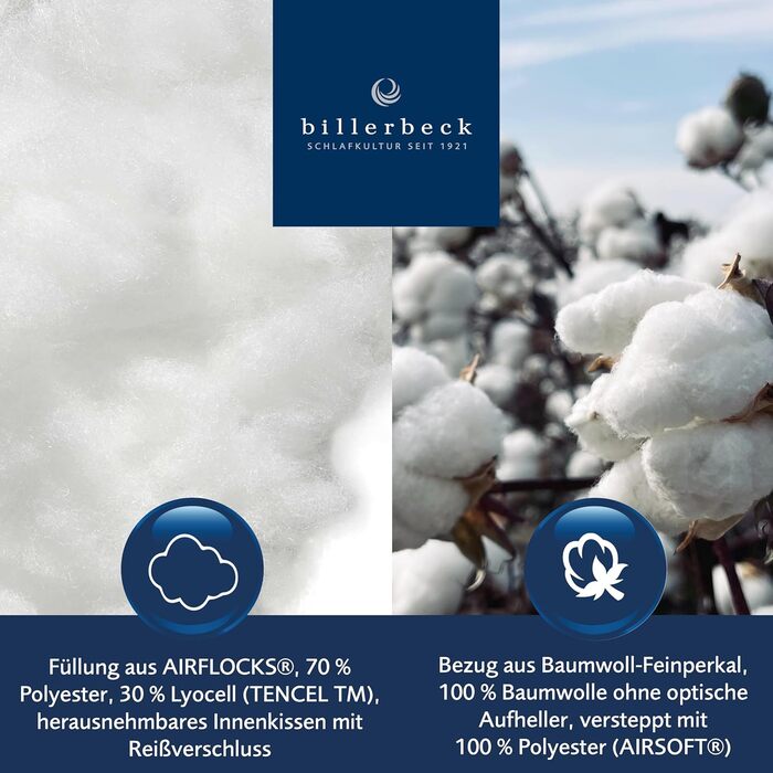Подушка Billerbeck ALCANDO - волокниста подушка приблизно 40 x 80 см подушка із середньою підтримкою бавовняний чохол на блискавці наповнювач AIRFLOCKS, індивідуально регулюється