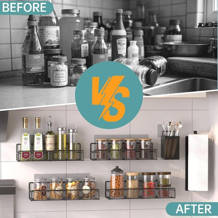 Настінний набір із 6 підставок для спецій Kmise, високоміцні клейкі підвісні кошики з тримачем для паперових рушників, кошик для столових приборів, нержавіючий органайзер для спецій без свердління для шафи, дверцят комори, кухонне сховище, 6 предметів вел