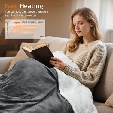 Ковдра PRANITE з підігрівом 180x130 см Електрична ковдра з шерпи та фланелі, 6 режимів нагріву, 10-годинний таймер, автоматичне вимкнення, захист від перегріву, можна прати сірого кольору для ліжка та дивана 130 x 180 см