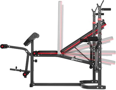 Силова лава Hop-Sport, багатофункціональна складна тренувальна лава зі стійкою для штанги, накладкою для гри в стилі &quotметелик&quot та згинання рук, для силових тренувань вдома, максимальне навантаження 250 кг
