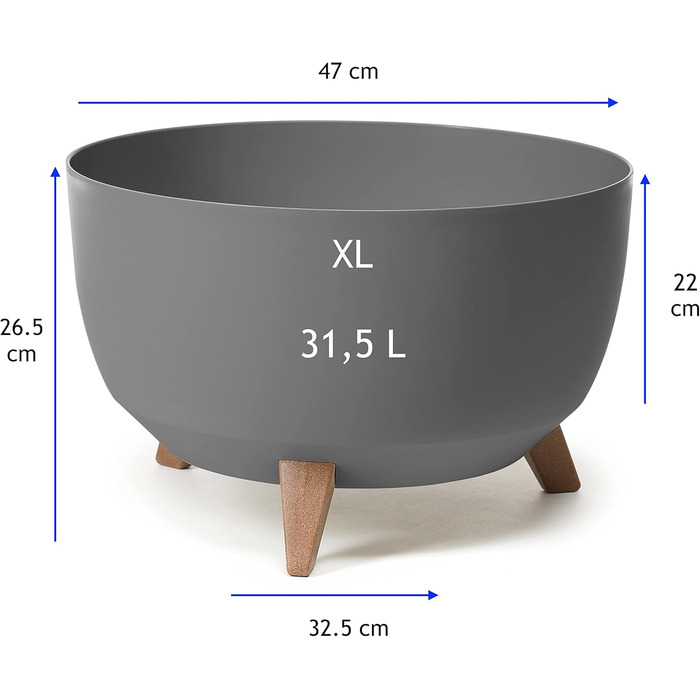 Квітковий горщик MELTOM на пластикових ніжках, кругла миска з вставкою, горщик для трав (антрацит, XL - 47 см) XL - 47 см антрацит